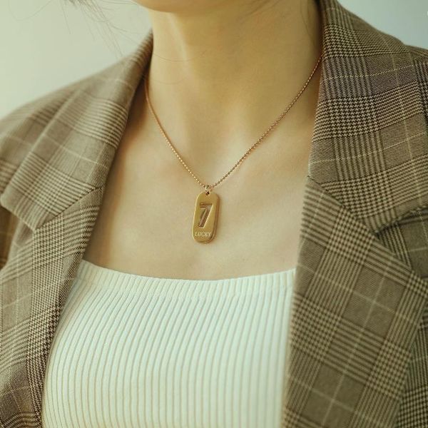 

pendant necklaces personalized fashion square female versatile hollow out number 7 titanium steel necklace, Silver