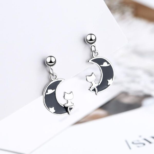 

stud 925 sterling silver tassel moon cat piercing earrings for women girls elegant party jewelry pendientes eh347, Golden;silver