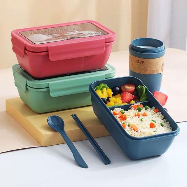

1100ml portable lunch box healthy material storage microwave with dinnerware container leakproof student straw sets