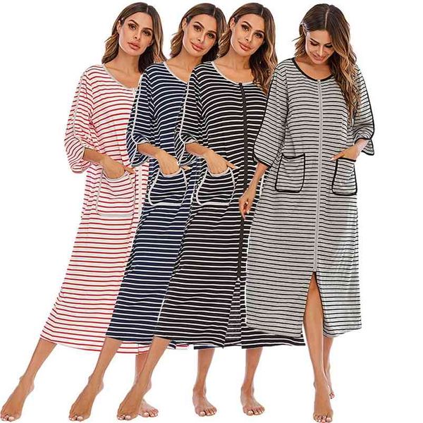 Witbuy Mulheres Longo Sleepwear Zipper Front Drives Outono Nightgown Listrado Quente Quimono Loungewear Maternidade Roupão Pijama 210831