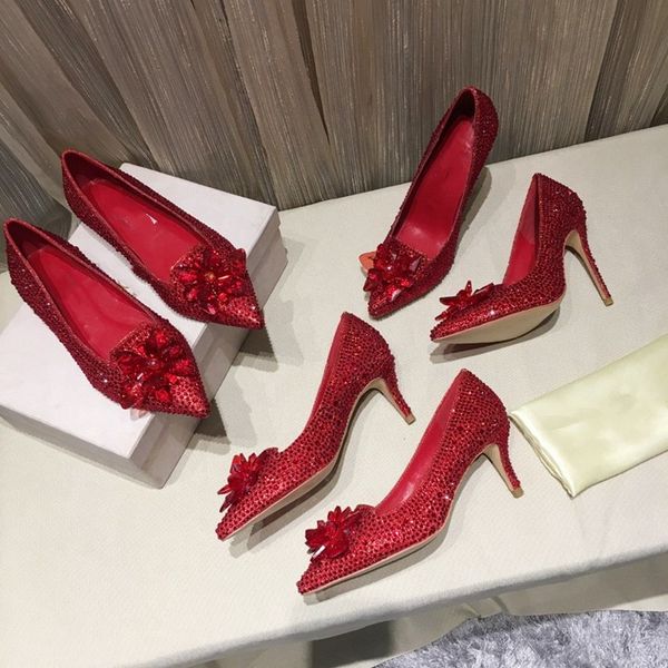 

grade cinderella crystal shoes bridal rhinestone .5cm 6.5cm wedding shoes with flower genuine leather big small size 34-42, Black