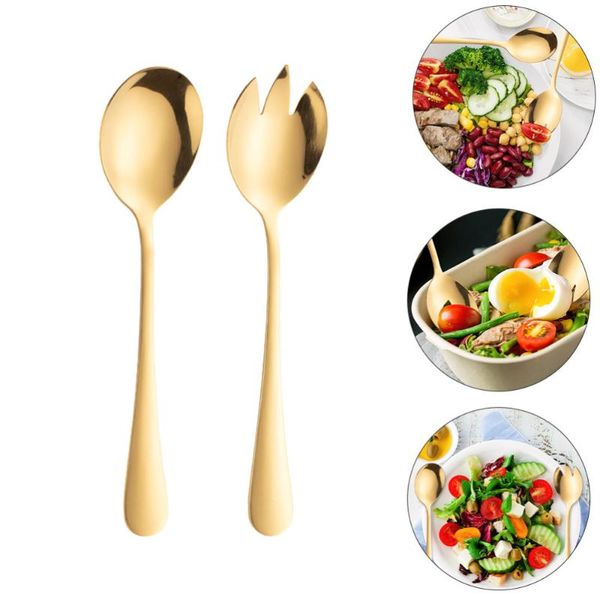 

spoons 2pcs stainless steel serving fruit salad fork (golden)
