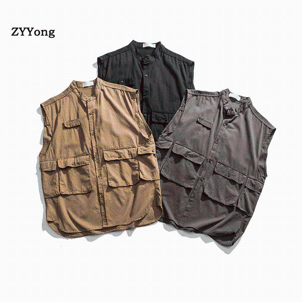 

men's vests 2021 vest coat multi-pocket solid outdoor travel fishing sleeveless jacket men cotton casual waistcoat male, Black;white