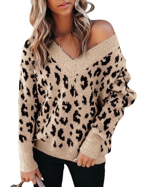 

women's sweaters fashion women sweater autumn casual v-neck pullover leopard off-shoulder loose knit long-sleeved, White;black