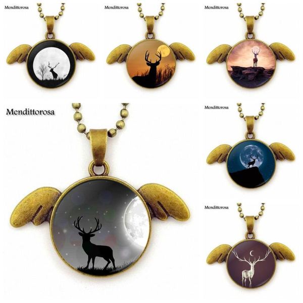 

pendant necklaces deer and the moon glass cabochon jewelry with bronze plated choker long angel necklace for women girls, Silver