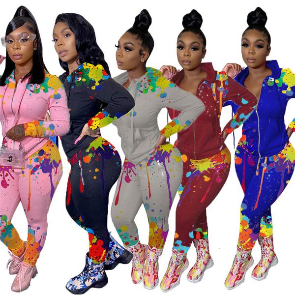 

2021 new women splash ink printed zipper two piece set tracksuit long sleeve hooded sweatshirts pencil pants sportswear jfut, White