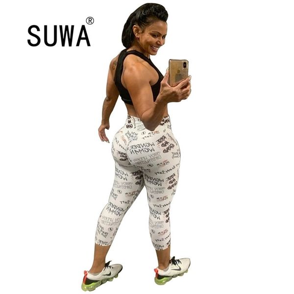 Schwarz Weiß Brief Gedruckt Jogger Leggings Jogginghose Frauen Hohe Taille Hosen Vintage Casual K-Pop Stil Cool Girl Streetwear 210525