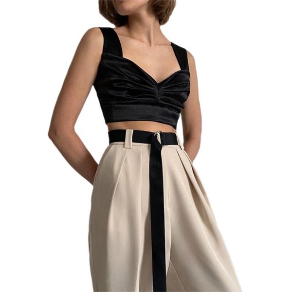 

women's t-shirt summer ladies solid color vest elegant v-neck backless sleeveless crop female casual ruched slim camisole, White