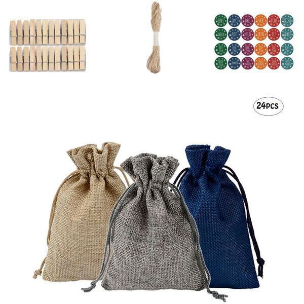 

gift wrap 24pcs 10 x 14cm christmas tricolor candy linen drawstring bag advent hanging with 6-color german stickers