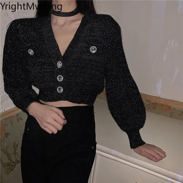 

women's knits & tees solid white black v neck slim crop women diamond button knitted cardigan sweater coat fashion knit outwear jum