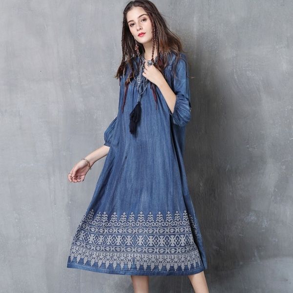 

casual dresses indie retro female folk fashions half sleeve embroidered lantern loose jean fitting dress denim elastic bathrobe femme pta3, Black;gray