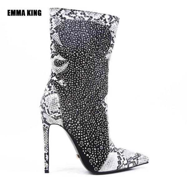 

boots women snakeskin mid-calf blingbling crystal pointed toe short lady spring high heels shoes for 2021, Black