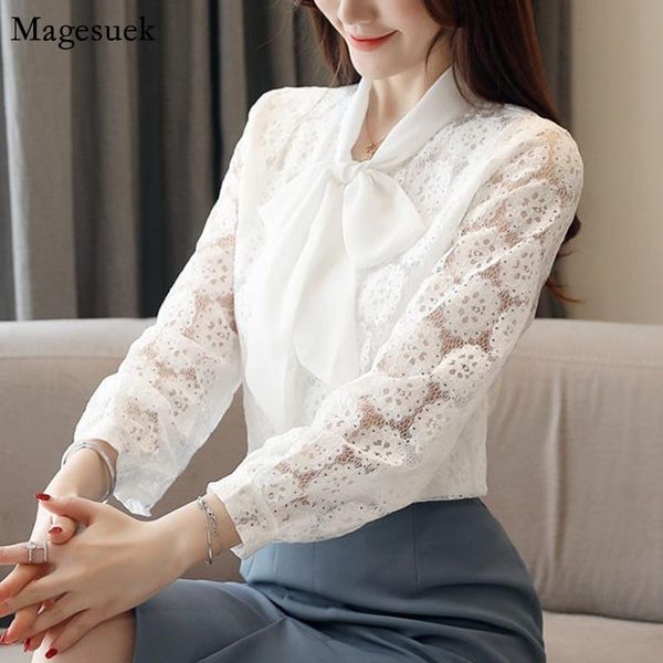 

women's blouses & shirts crocheted floral lace vintage white women autumn long sleeve bow office casual blusas elegantes 11702