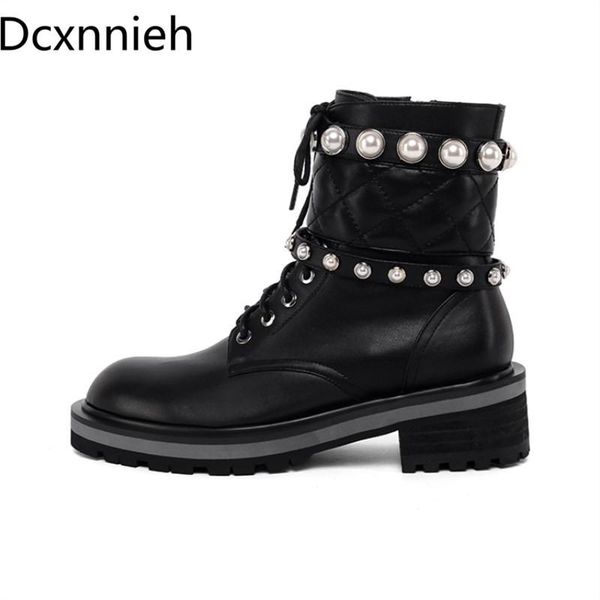

boots motorcycle women lace up thick-soled winter pocket decor black shiny leather woman botas de mujer cow