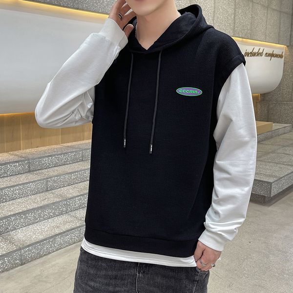 

trendy waffle 2021 fall new hooded fake two piece long sleeve t-shirt trendy casual men's, Black