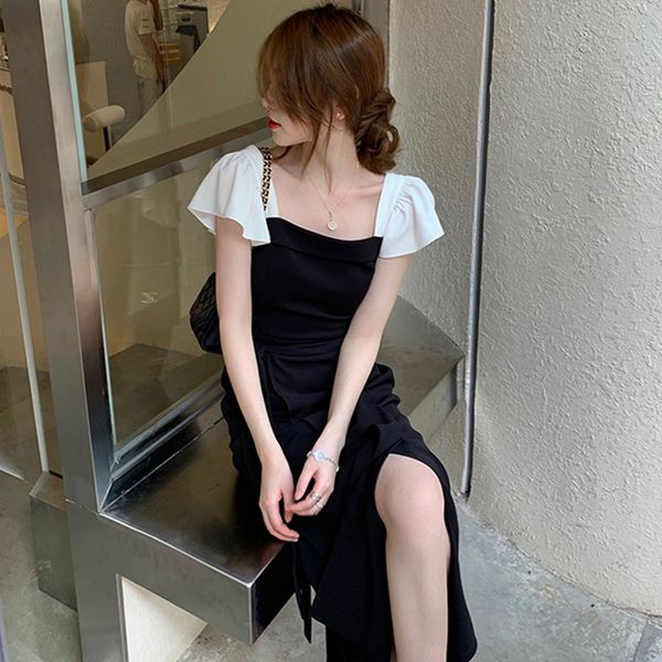 

korean style short sleeve vintage midi dresses women party 2021 summer elegant casual apparel office lady french pure color dress, White;black