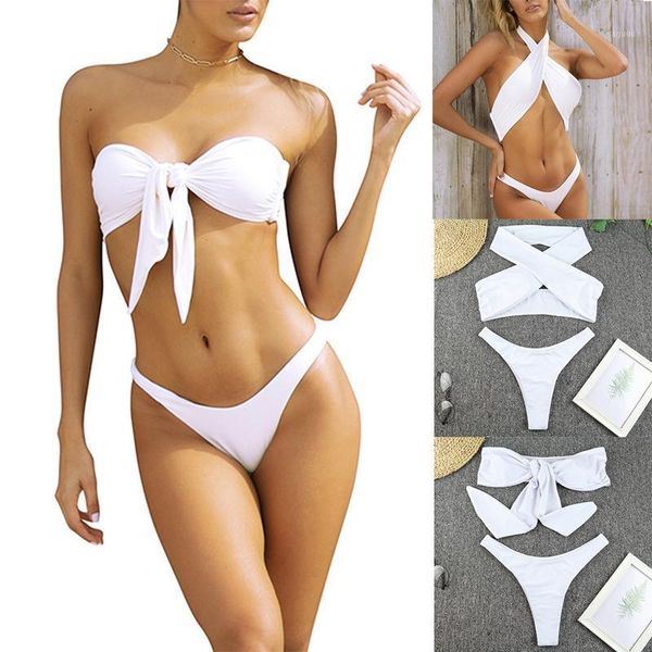 

kf-bandeau swimsuit women bikini set low waist swimwear female knot vintage biquini off shoulder bathing suit women's, White;black