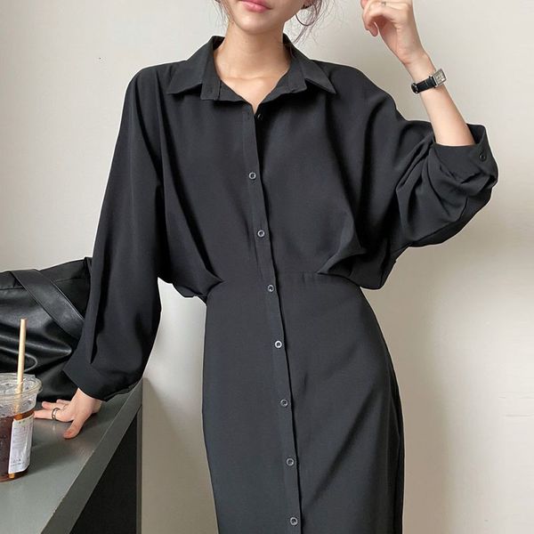 

casual dresses [ewq] autumn elegante office lady turn down collar solid color single breasted over knee lace up loose blouse dress 8y092 4sa, Black;gray