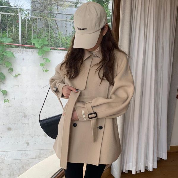 

women's wool & blends 20 factory stock ~ south korea east gate fashion waist style double faced woolen hand sewn coat female d-007, Black