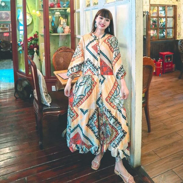 

casual dresses 2021spring fashion design bohemian ethnic retro print round neck button 7 minute sleeves loose holiday woman dre, Black;gray