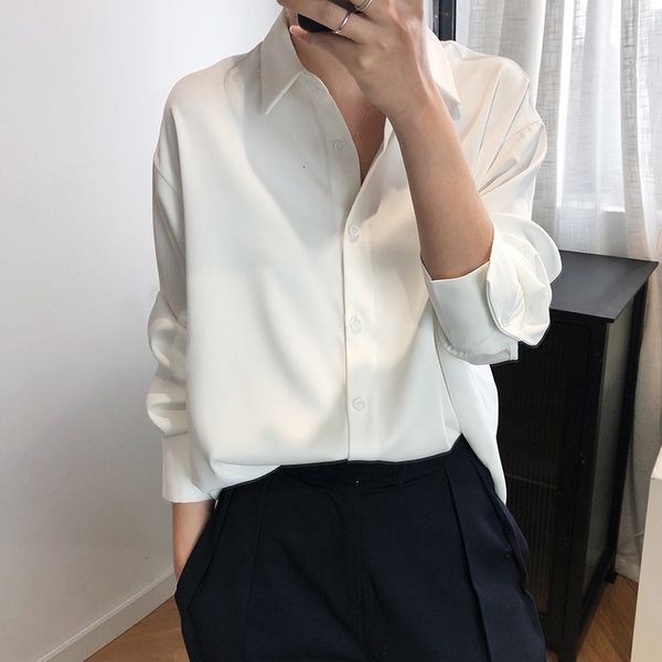 

white satin women's oversize long sleeve button up office blouse shirt elegant black green casual shirts women summer tw11