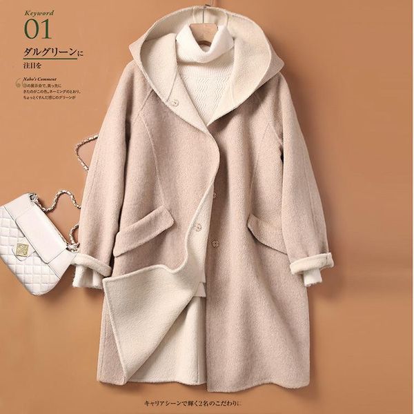 

women's wool & blends woolen coat fashion hooded jacket autumn and winter 2021 quality hand-sewn japanese clothing, Black