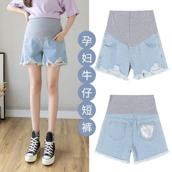 

maternity bottoms 6831# jeans shorts summer cropped denim pants belly support abdomen elastic waist trousers, White