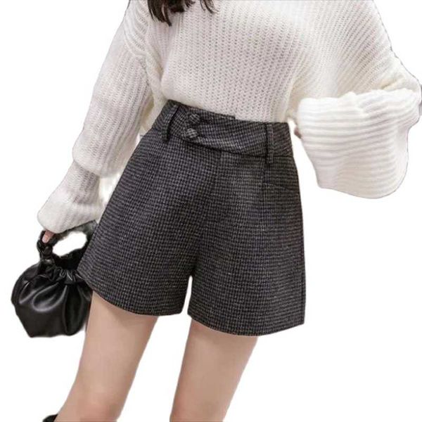 

women's shorts tweed woolen women 2021 autumn winter high waist belted elegant short pants all-match ladies slim plaid breechcloth oute, White;black