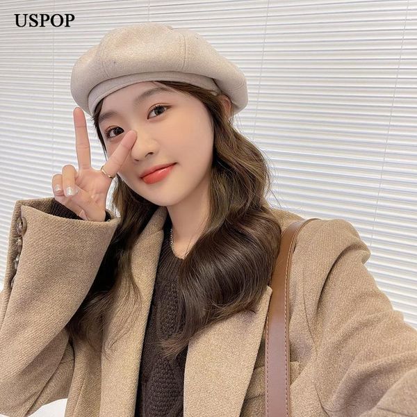

berets uspop women wool adjustable size solid color vintage beret winter thick octagonal hats, Blue;gray