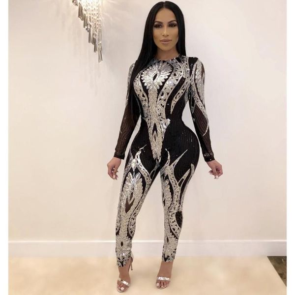 

women's jumpsuits & rompers yooneedi 2021 spring style women sequins 2 color solid o-neck full sleeve night club ladies cy8189, Black;white