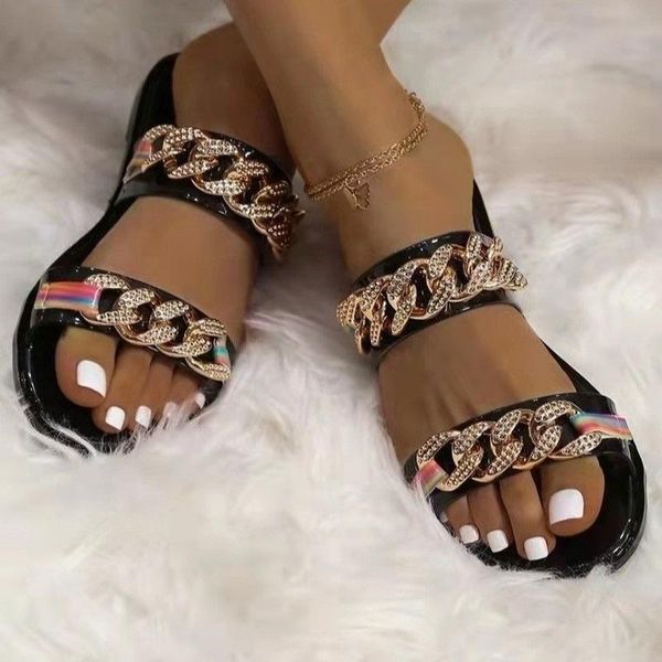

slippers sapato feminino klapki damskie summer flat slides black chain embellished open-toe sandals fashion shoes outdoor beach claquette