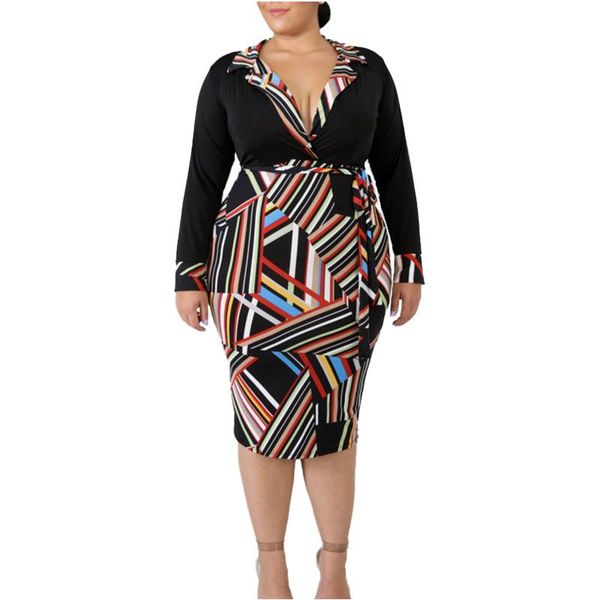 

casual dresses 5xl plus size office lady pencil dress for women v neck full sleeve knee length slim 2021 autumn fashion vestidos, Black;gray