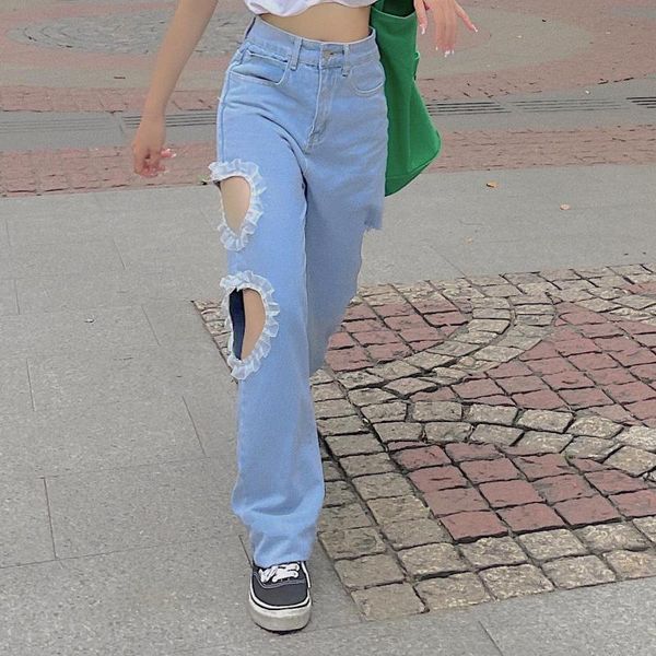 

women's jeans shnsophi korean straight women trousers 2021 autumn y2k lace love hole loose high waist femme light blue denim pants