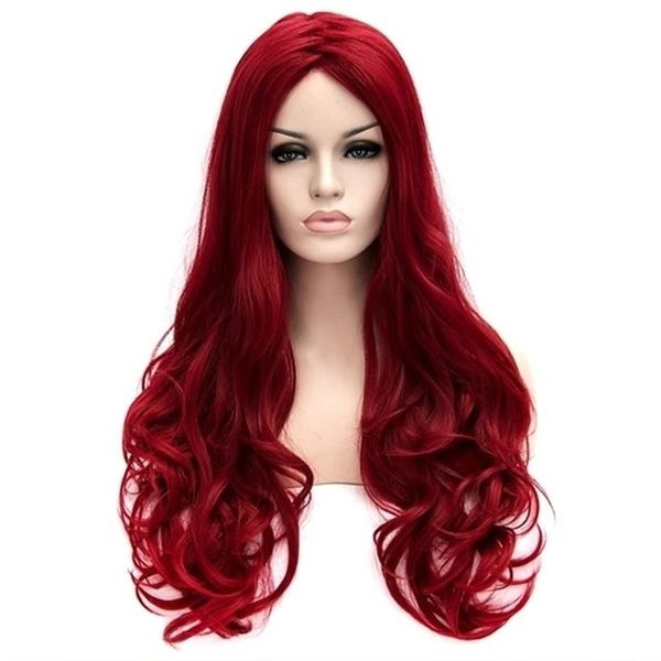 

red fashion wig wine long curly hair halloween style, Black