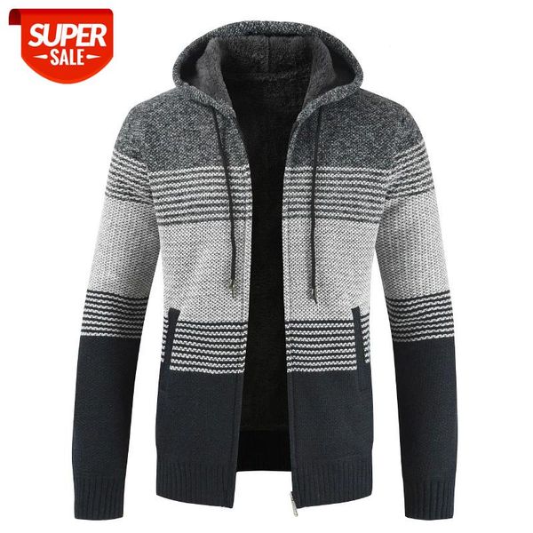 

new 2020 fashion winter cardigan sweater men casual hooded collar thick warm fleece sweatercoat partchwork striped mens sweaters #dm6k, White;black