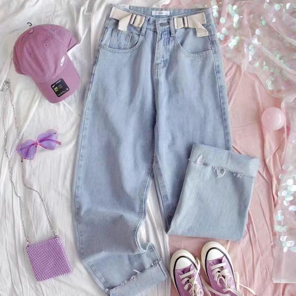 

women's jeans ins love embroidered 2021 spring and autumn trend female korean student high waist loose straight leg pants, Blue