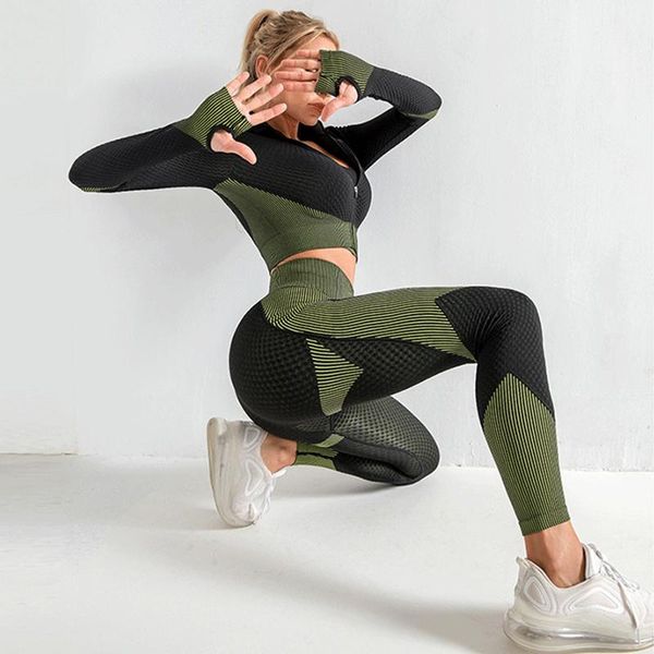 

yoga outfits seamless women pants set workout sportswear gym clothing fitness long sleeve crop bra high waist leggings sports suits, White;red