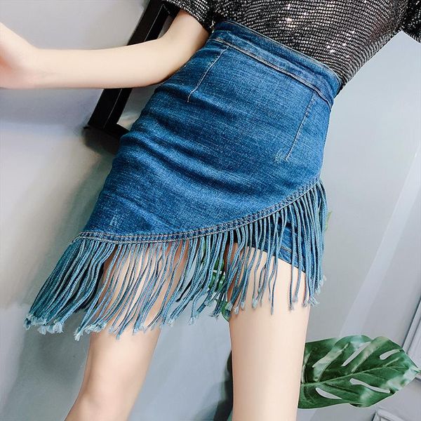 

skirts 2021 summer denim skirt women's high waist irregular korean short mini pants jeans women fake two jean, Black