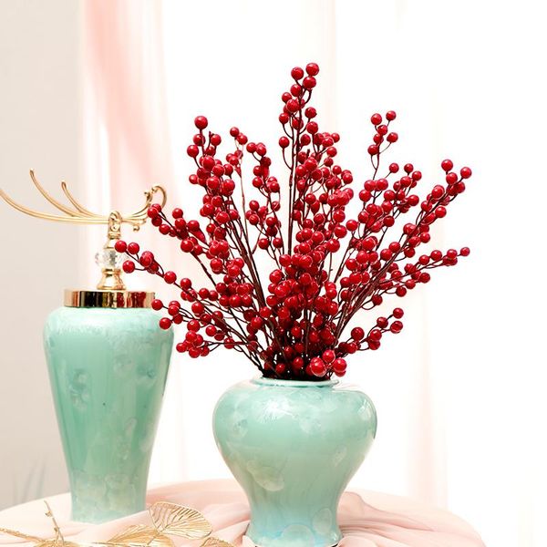 

65cm long artificial berry branches silk red holly fruit foam flowers golden leaves for chinese new year winter home table decor