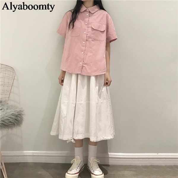 

two piece dress japanese preppy style summer women 2 pcs set turn-down collar pink blouse+white midi skirt cute kawaii sweet girl school uni
