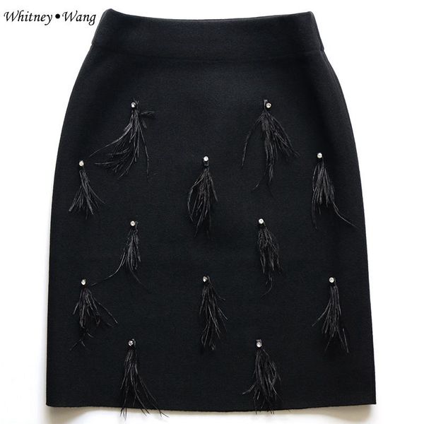 

skirts whitney wang 2021 fashion elegant diamonds feathers mini skirt women office lady black