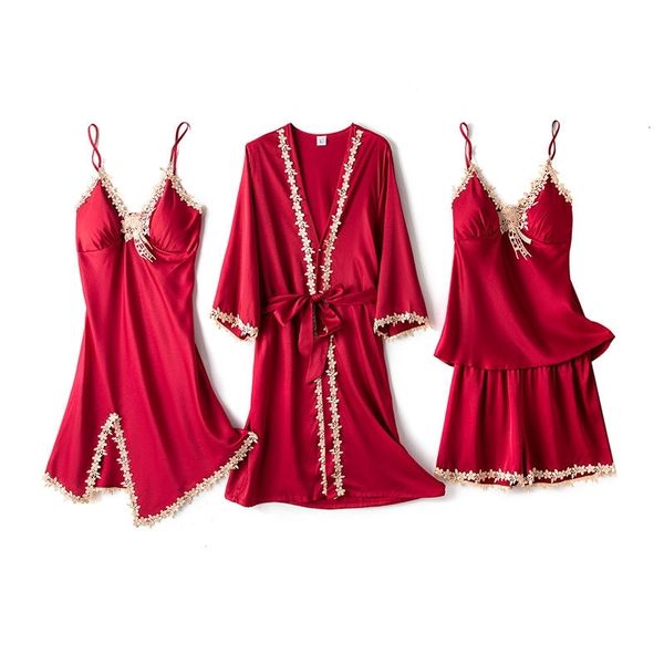 

women's sleepwear 4pcs satin loose robe suit women pajamas set kimono gown nightwear with lace intimate lingerie home wear 3h, Black;red