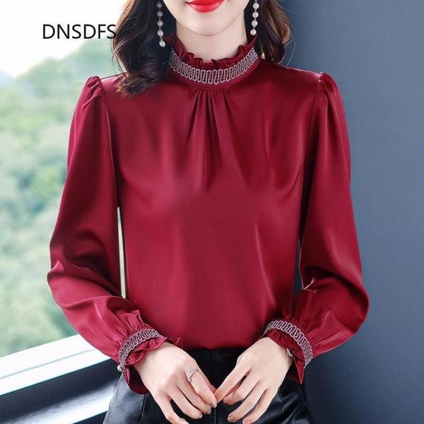 

women's blouses & shirts red high-neck shirt satin blusas women long sleeve office spring retro ruffle beaded loose solid color, White
