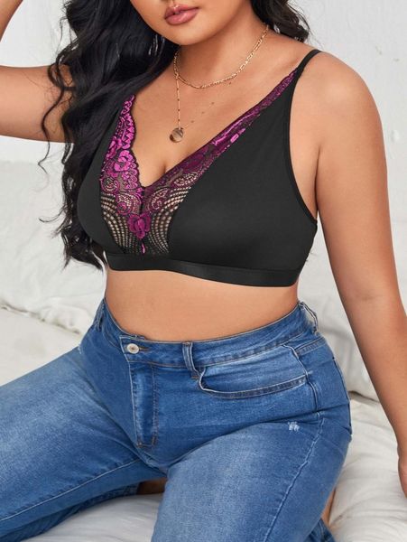 

plus contrast lace bralette 03c8#, Black;white