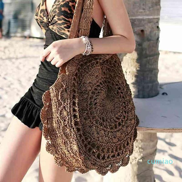 

bohemian hollow round straw bags for women wicker woven shoulder bags rattan handbags casual summer beach large totes lady purse