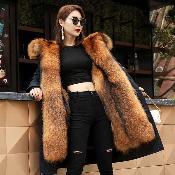 

women's fur & faux 2021 mid long imitation raccoon dog liner coat over the knee pai overcome detachable for women, Black