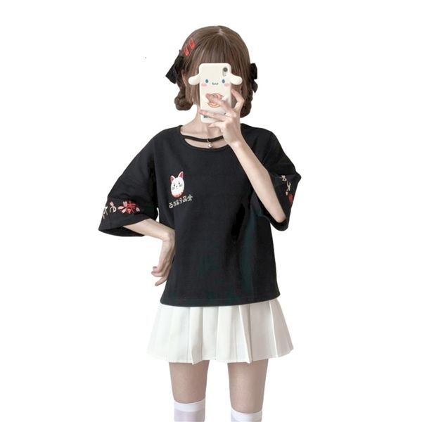 

women's t-shirt harajuku fashion cat anime t shirts women kawaii streetwear gothic casual cute graphic black tees teen girls, White