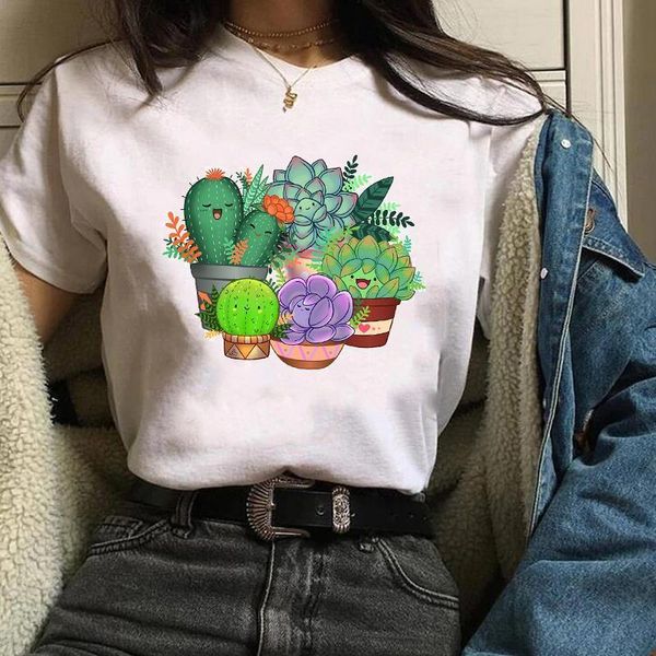 

women cactus flower happy fashion cartoon short sleeve tees graphic female ladies womens lady t-shirt t shirt t-shirts, White