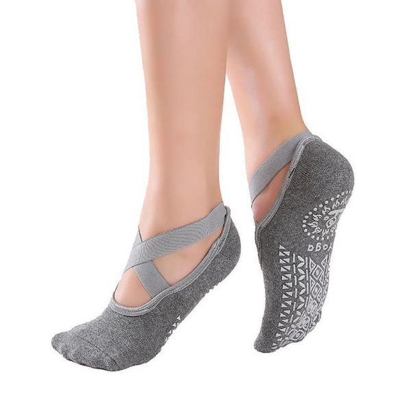 

women yoga socks anti slip cotton bandage sports ladies girls ballet socks dance slippers, Black