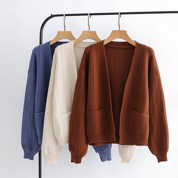 

women's sweaters 2022 autumn winter v-neck loose wave pattern knit cardigan sweater coats female yl342, White;black